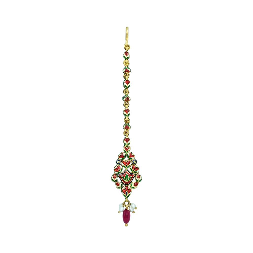 Red Enamel Polki Mangtikka with a Drop and Pearls